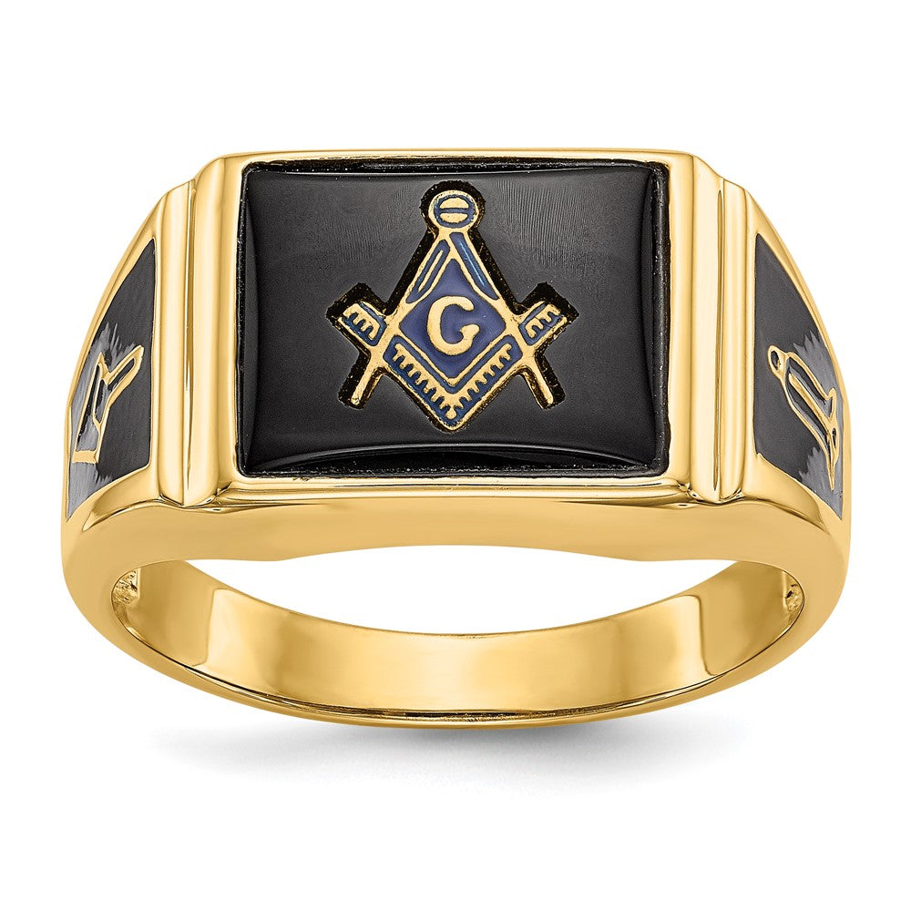 14K Gelbgold Herren Freimaurer-Ring, poliert und texturiert, mit schwarzem Emaille und Onyx