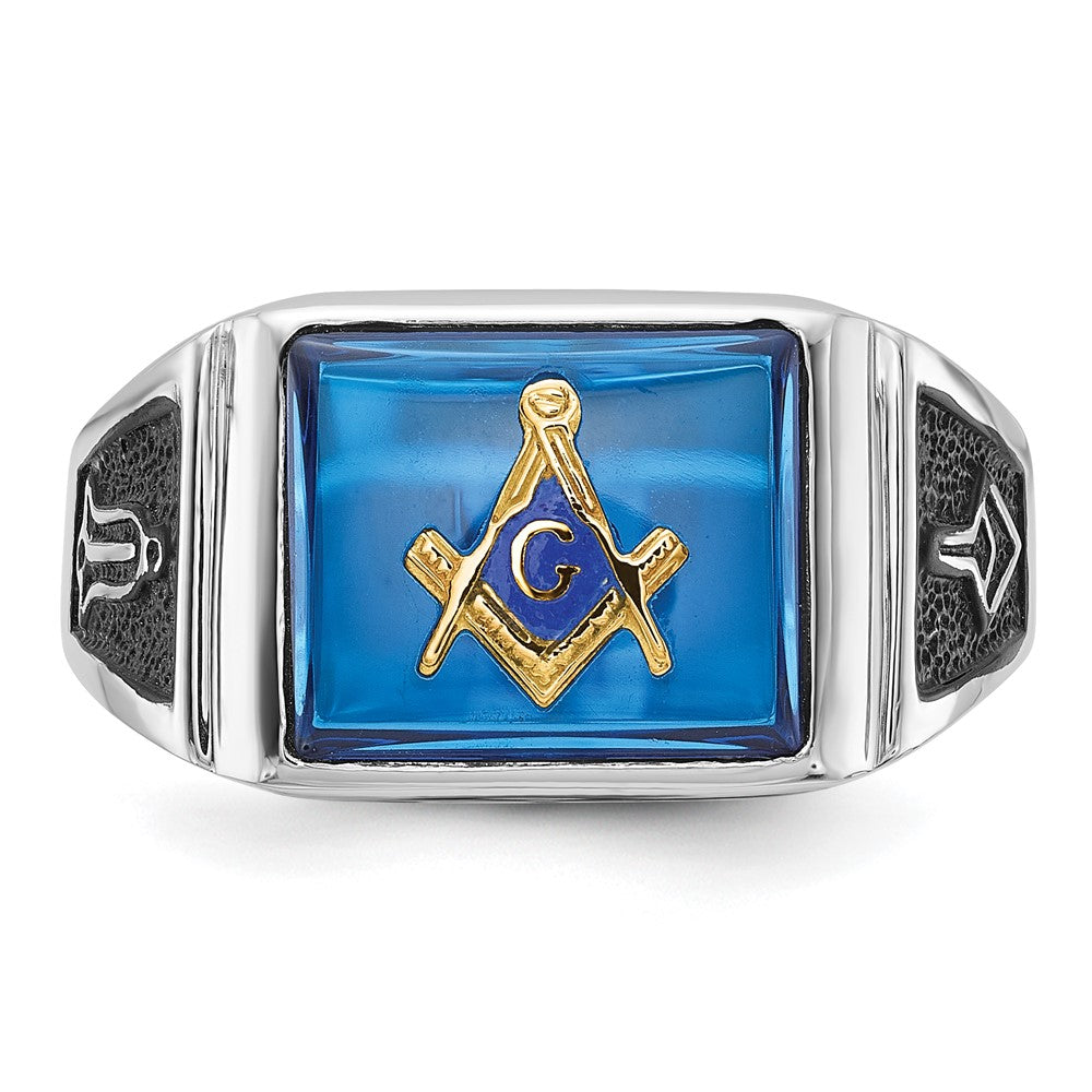 14K Weißgold Herren-Siegelring, poliert und texturiert, mit schwarzer Emaille und imitiertem blauem Spinell