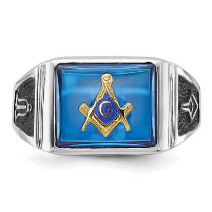 14K Weißgold Herren-Siegelring, poliert und texturiert, mit schwarzer Emaille und imitiertem blauem Spinell
