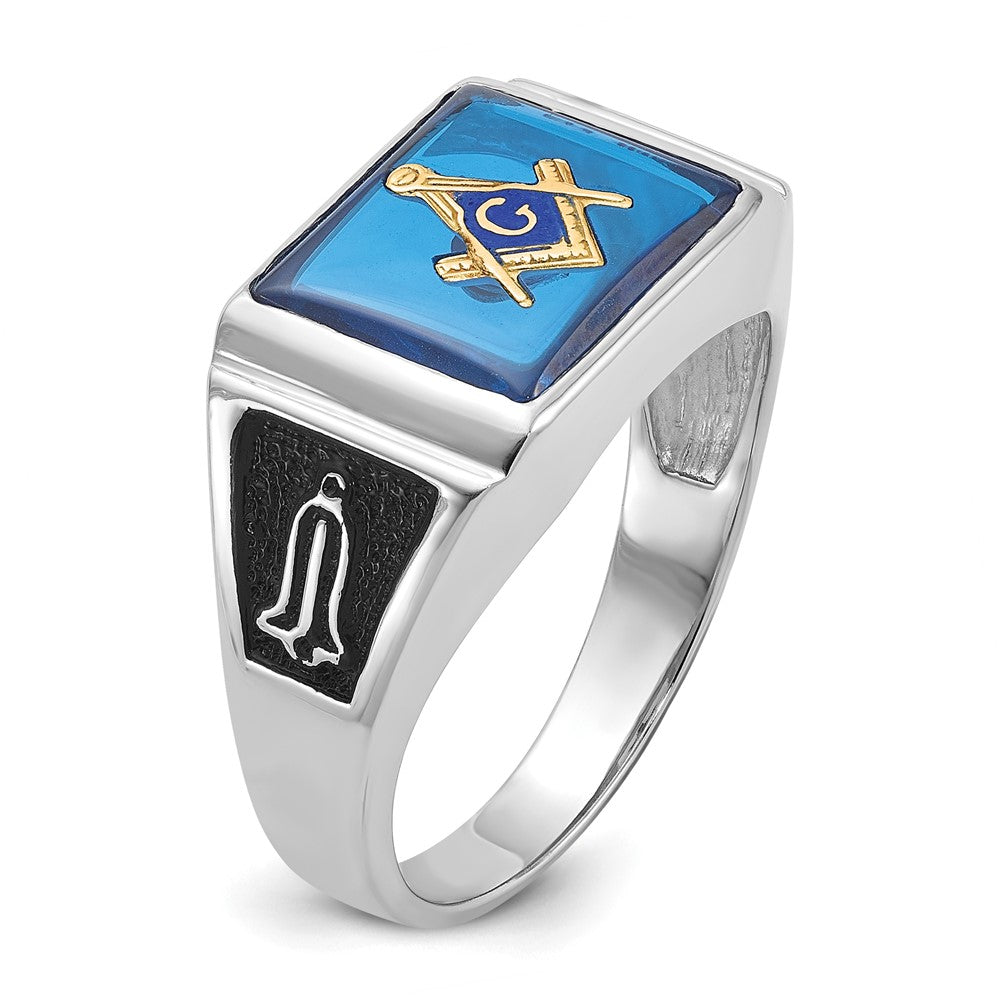 14K Weißgold Herren-Siegelring, poliert und texturiert, mit schwarzer Emaille und imitiertem blauem Spinell
