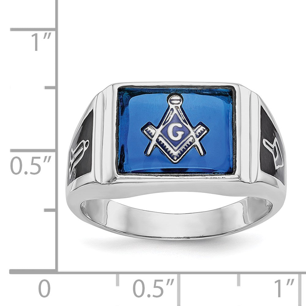 14K Weißgold Herren-Siegelring, poliert und texturiert, mit schwarzer Emaille und imitiertem blauem Spinell