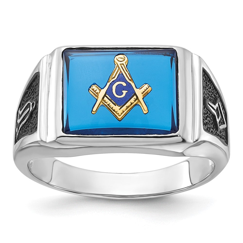 14K Weißgold Herren-Siegelring, poliert und texturiert, mit schwarzer Emaille und imitiertem blauem Spinell