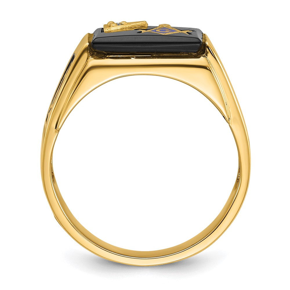 14K Gelbgold Herren Ring, poliert und texturiert, mit schwarzer Emaille, Onyx und AA-Qualität Diamant, Freimaurer-Ring