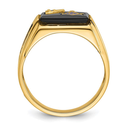14K Gelbgold Herren Ring, poliert und texturiert, mit schwarzer Emaille, Onyx und AA-Qualität Diamant, Freimaurer-Ring