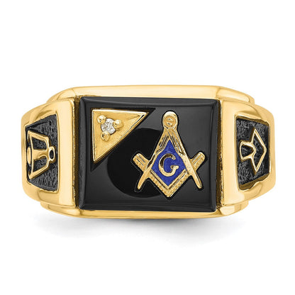 14K Gelbgold Herren Ring, poliert und texturiert, mit schwarzer Emaille, Onyx und AA-Qualität Diamant, Freimaurer-Ring