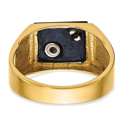 14K Gelbgold Herren Ring, poliert und texturiert, mit schwarzer Emaille, Onyx und AA-Qualität Diamant, Freimaurer-Ring