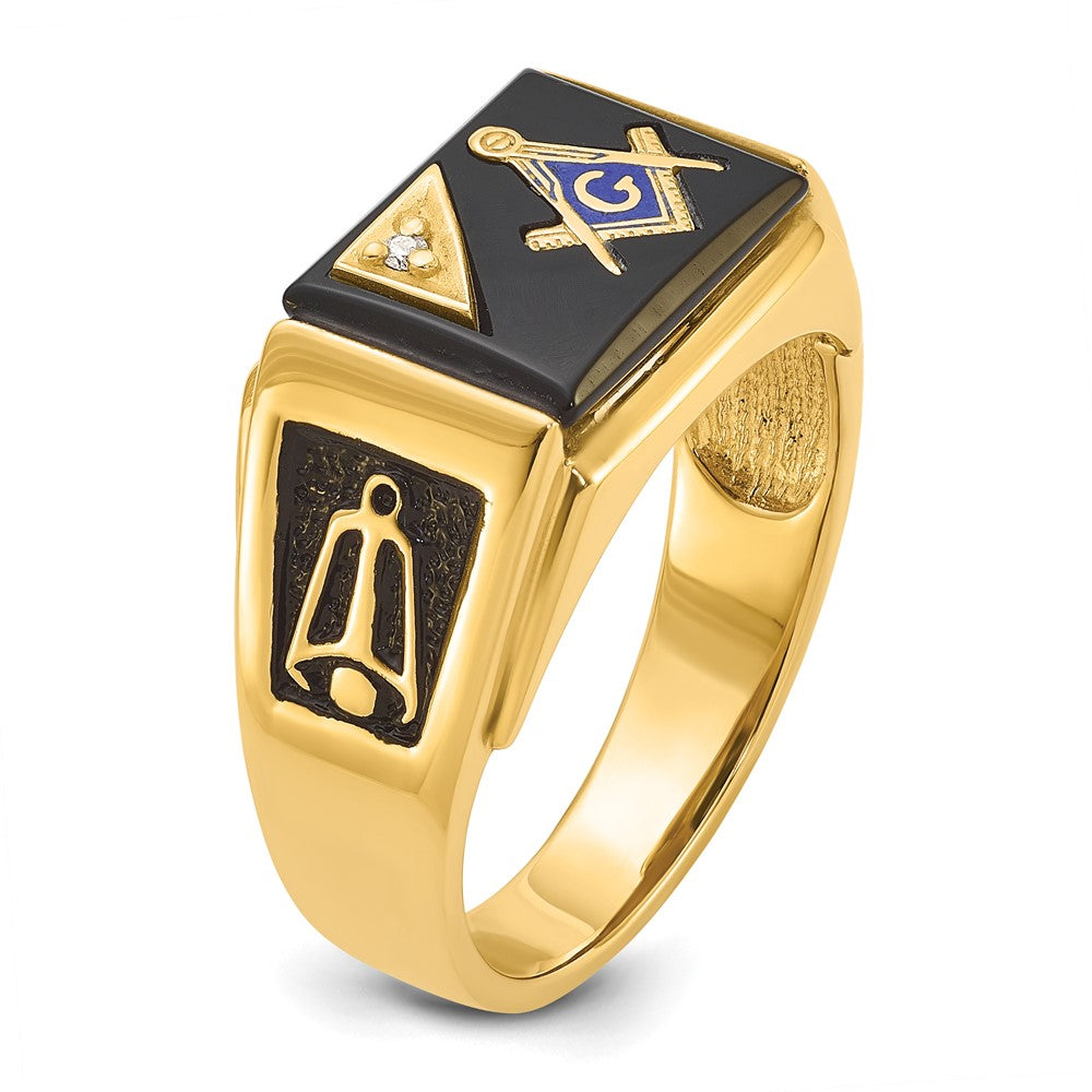 14K Gelbgold Herren Ring, poliert und texturiert, mit schwarzer Emaille, Onyx und AA-Qualität Diamant, Freimaurer-Ring