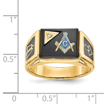 14K Gelbgold Herren Ring, poliert und texturiert, mit schwarzer Emaille, Onyx und AA-Qualität Diamant, Freimaurer-Ring