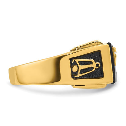 14K Gelbgold Herren Ring, poliert und texturiert, mit schwarzer Emaille, Onyx und AA-Qualität Diamant, Freimaurer-Ring