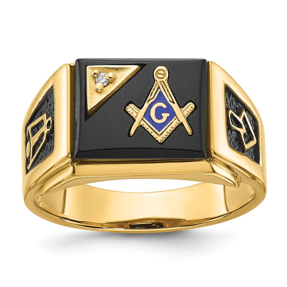14K Gelbgold Herren Ring, poliert und texturiert, mit schwarzer Emaille, Onyx und AA-Qualität Diamant, Freimaurer-Ring