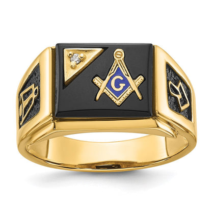 14K Gelbgold Herren Ring, poliert und texturiert, mit schwarzer Emaille, Onyx und AA-Qualität Diamant, Freimaurer-Ring