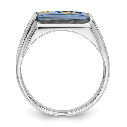 14K Weißgold Herrenring mit Diamant, poliert und texturiert, mit schwarzer Emaille und imitiertem blauem Spinell, Freimaurer-Design