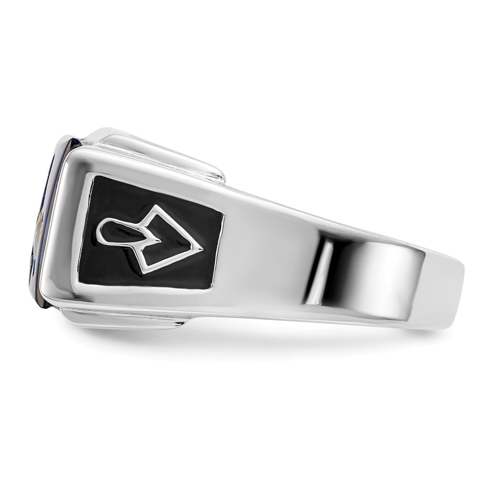 14K Weißgold Herren-Freimaurerring, poliert und strukturiert, mit schwarzem Emaille, Diamant und imitiertem blauen Spinell