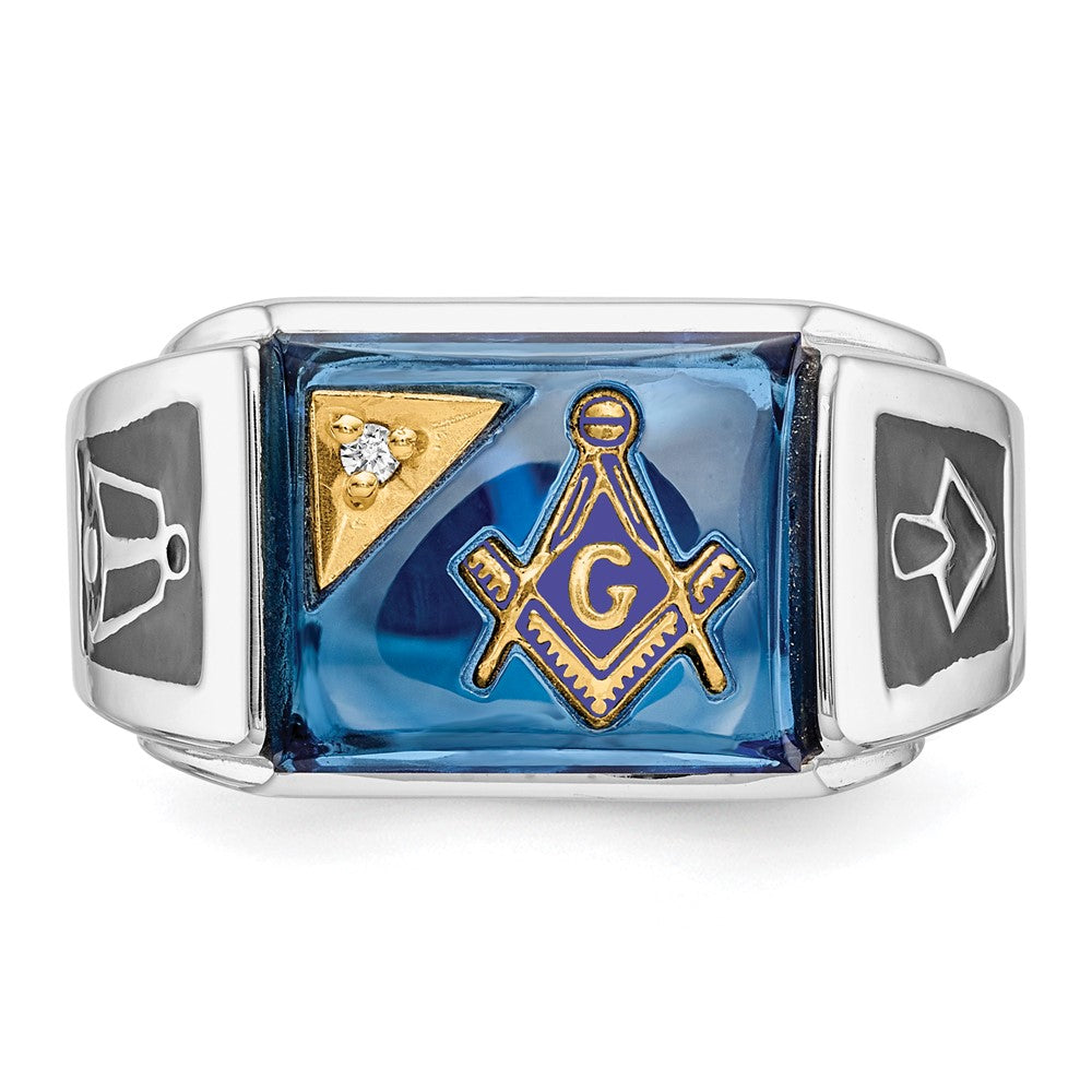 14K Weißgold Herrenring mit Diamant, poliert und texturiert, mit schwarzer Emaille und imitiertem blauem Spinell, Freimaurer-Design