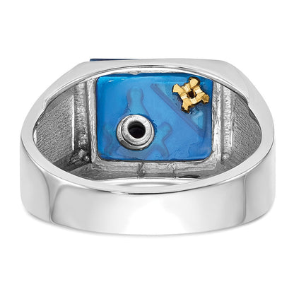 14K Weißgold Herrenring mit Diamant, poliert und texturiert, mit schwarzer Emaille und imitiertem blauem Spinell, Freimaurer-Design