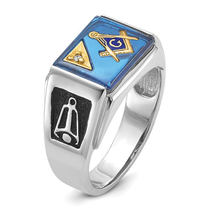 14K Weißgold Herrenring mit Diamant, poliert und texturiert, mit schwarzer Emaille und imitiertem blauem Spinell, Freimaurer-Design