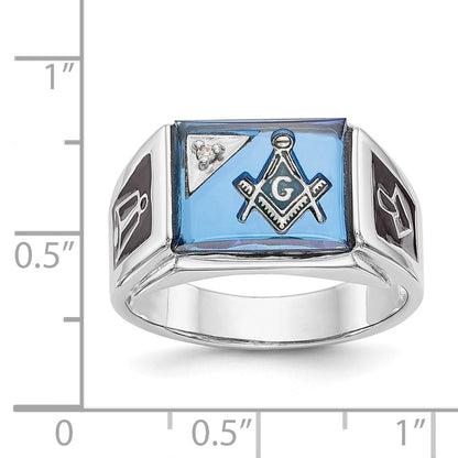 14K Weißgold Herrenring mit Diamant, poliert und texturiert, mit schwarzer Emaille und imitiertem blauem Spinell, Freimaurer-Design