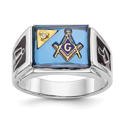14K Weißgold Herrenring mit Diamant, poliert und texturiert, mit schwarzer Emaille und imitiertem blauem Spinell, Freimaurer-Design