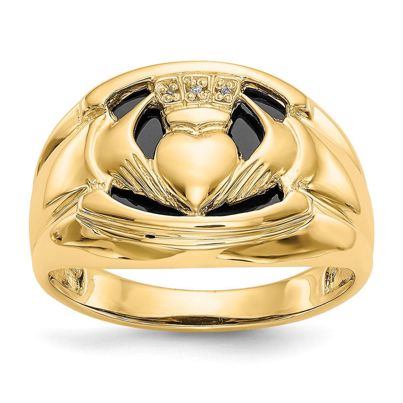 14K Gelbgold Herren-Claddagh-Ring mit natürlichem Diamant und schwarzem Onyx – Irischer Keltischer Feinschmuck