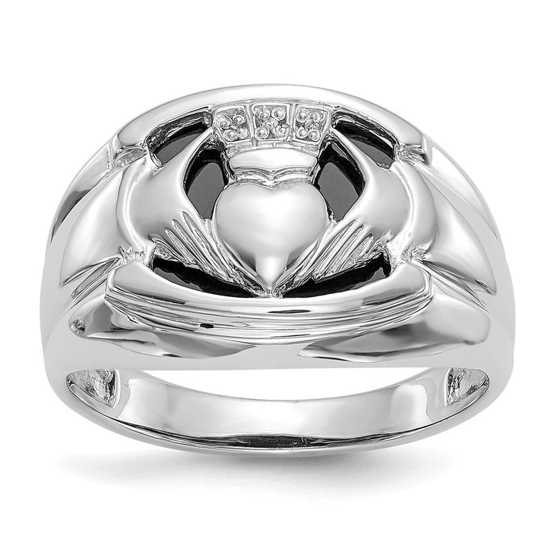 14K Weißgold Herren-Claddagh-Ring mit echten AA-Diamanten und Onyx