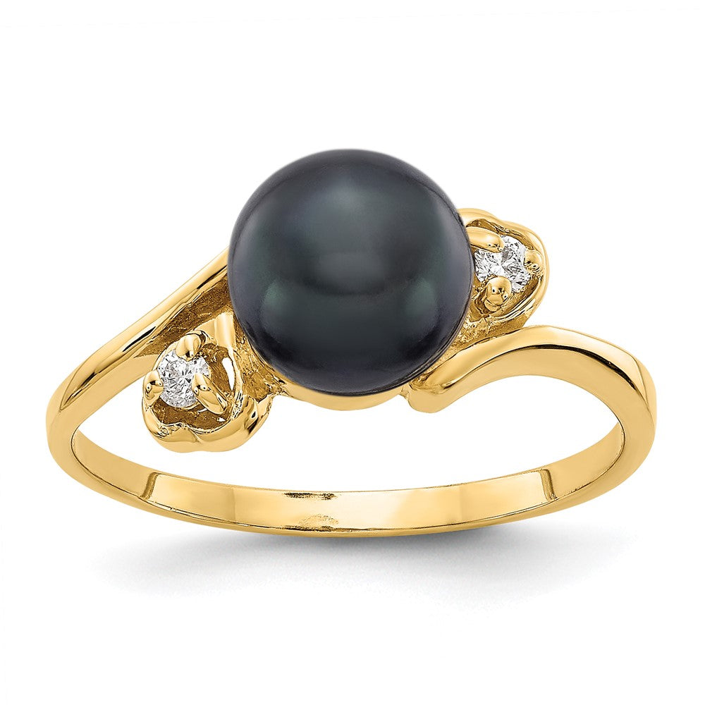14K Gelbgold 7mm Schwarz Fw Zuchtperle A Diamant Ring