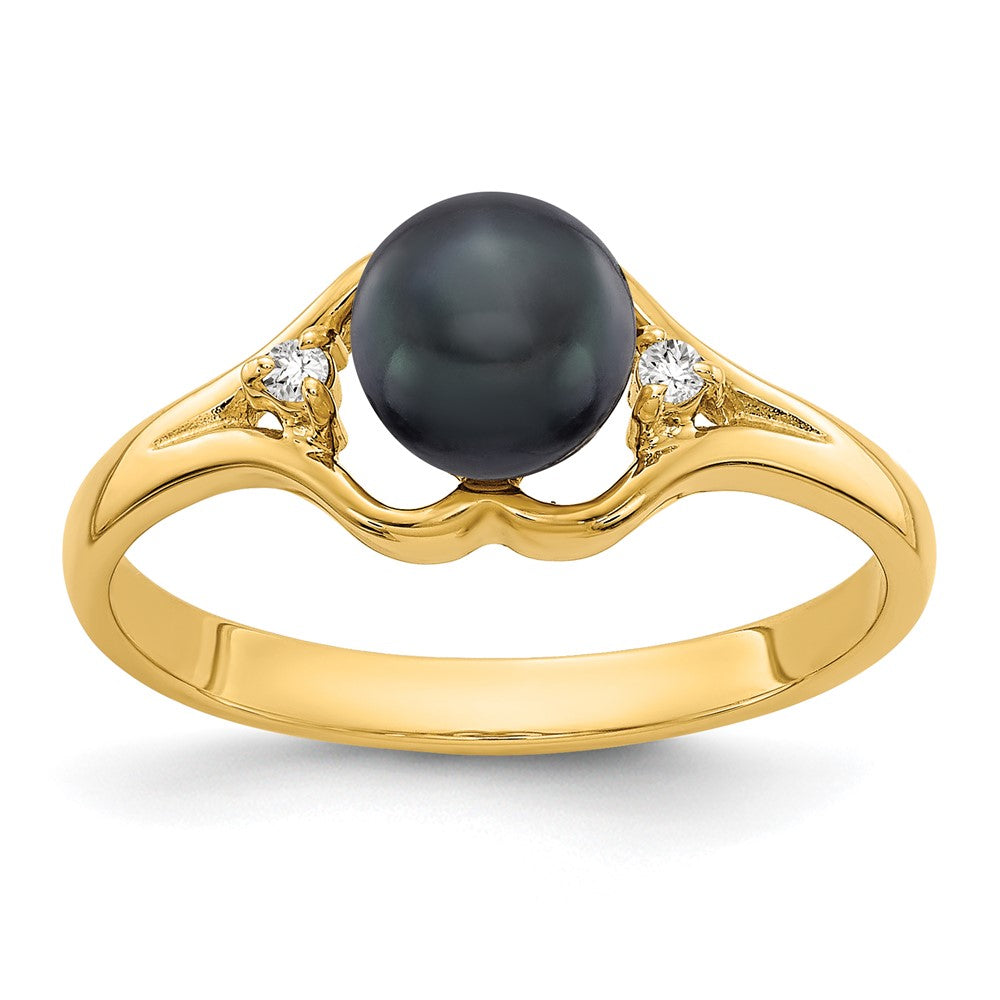 14K Gelbgold 6mm Schwarz Fw Zuchtperle A Echt Diamant Ring