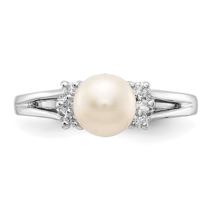 14K Weißgold 6mm Fw Zuchtperle A Echt Diamant Ring