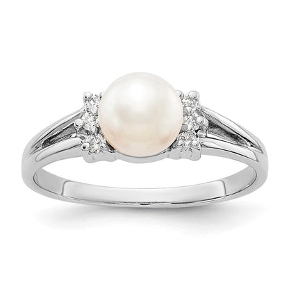14K Weißgold 6mm Fw Zuchtperle A Echt Diamant Ring