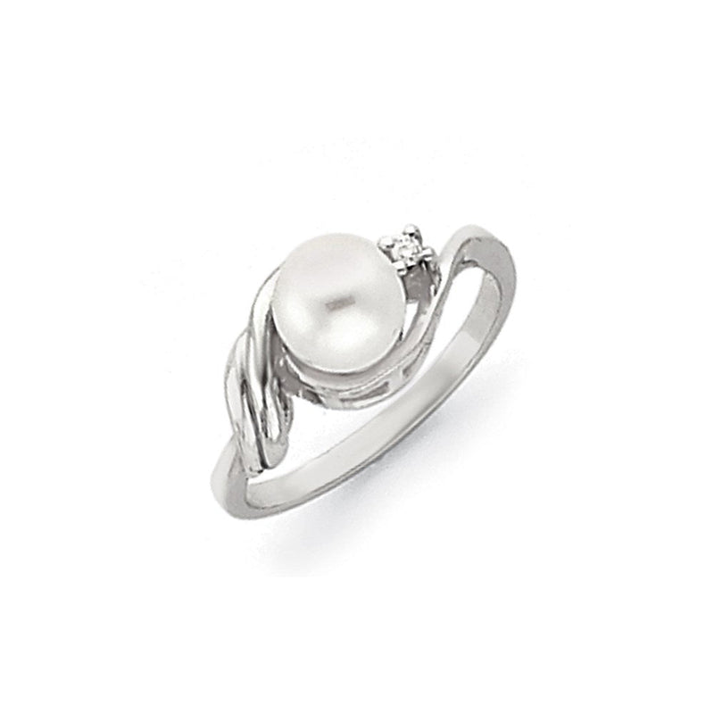 14K Weißgold Ring mit 6-mm-Süßwasser-Zuchtperle und echten Diamanten VS