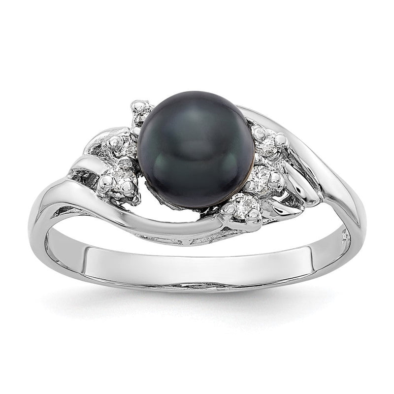 14K Weißgold Ring mit 6-mm schwarzer Zuchtperle und echten Diamanten der Reinheit VS