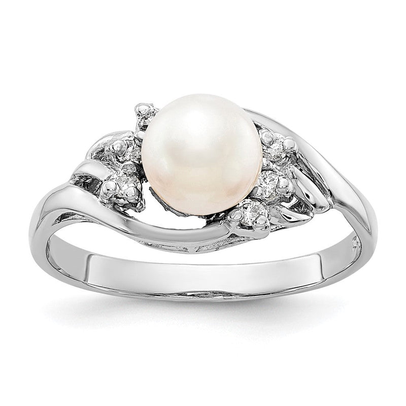 14K Weißgold Ring mit 6 mm Süßwasser-Zuchtperle A und echtem Diamant