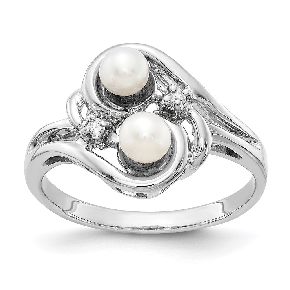 14K Weißgold Ring mit 4-mm schwarzer Süßwasser-Zuchtperle A und echtem Diamant