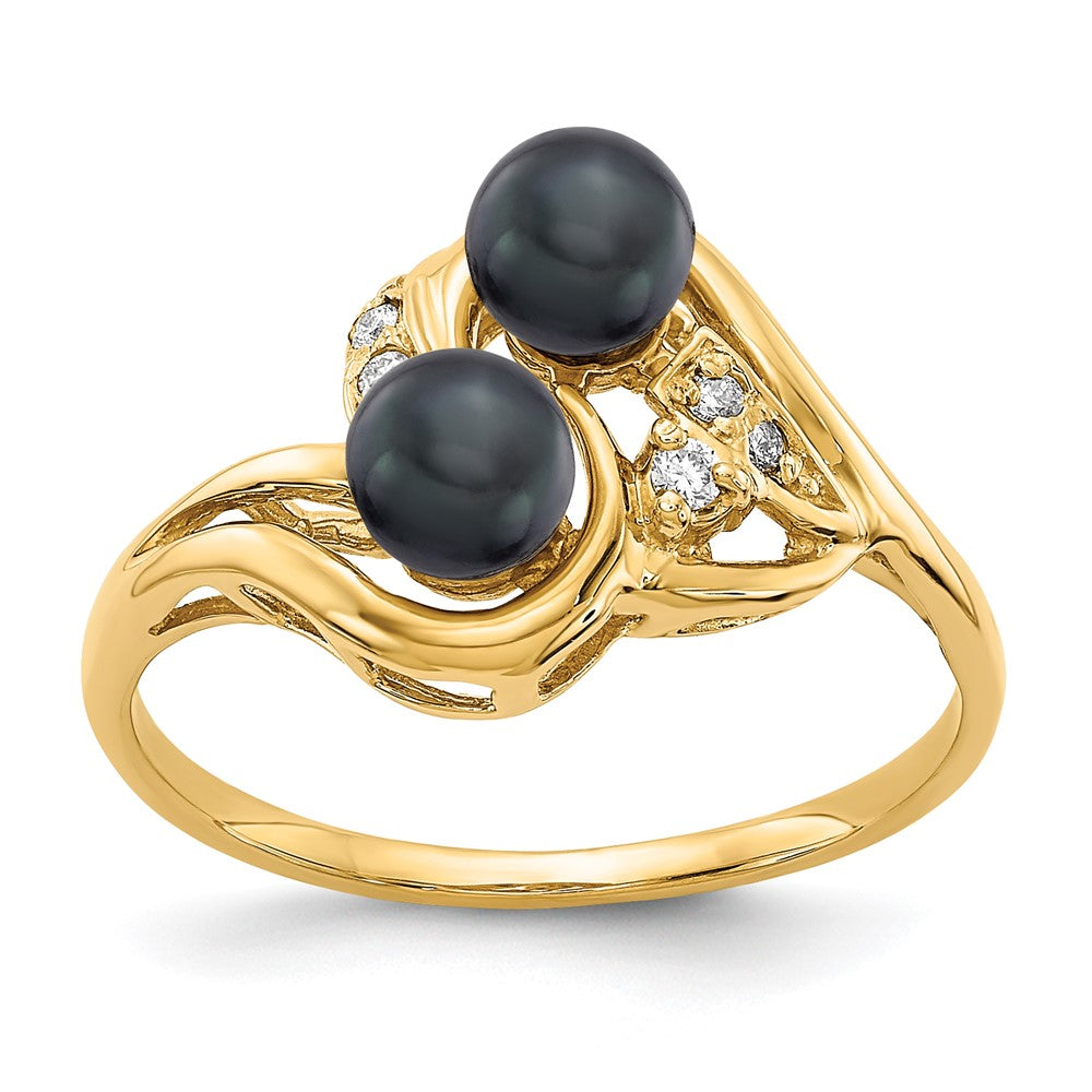 14K Gelbgold Ring mit 4,5 mm schwarzer FW-Zuchtperle und VS echten Diamanten