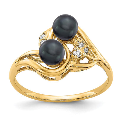 14K Gelbgold Ring mit 4,5 mm schwarzer FW-Zuchtperle und VS echten Diamanten