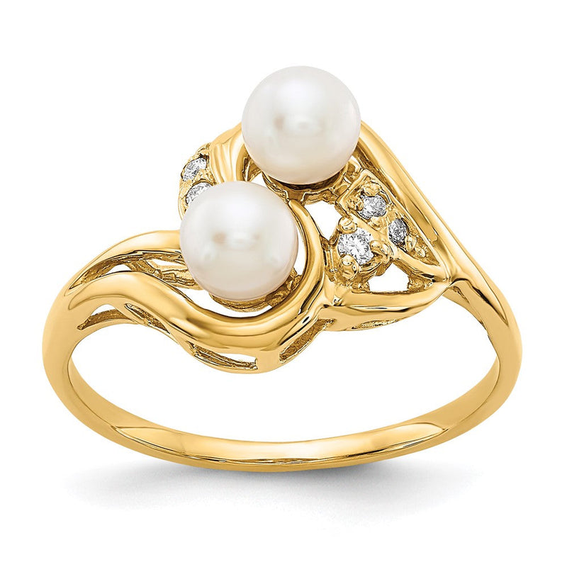 14K Gelbgold Ring mit 4,5 mm gezüchteter AAA-Süßwasserperle und echtem Diamanten