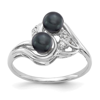 14K Weißgold Ring mit 4,5 mm schwarzer FW Zuchtperle AA und echten Diamanten