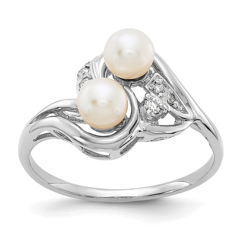 14K Weißgold Ring mit 4-mm-Süßwasser-Zuchtperle AA und echten Diamanten