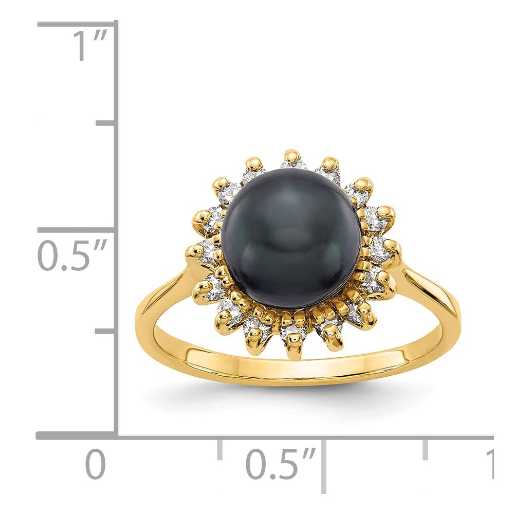14K Gelbgold 7.5mm Schwarz Fw Zuchtperle A Diamant Ring