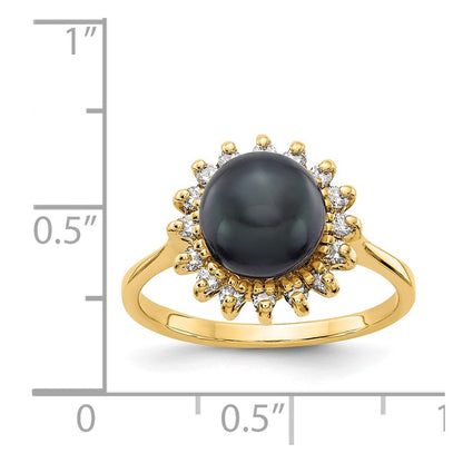 14K Gelbgold 7.5mm Schwarz Fw Zuchtperle A Diamant Ring