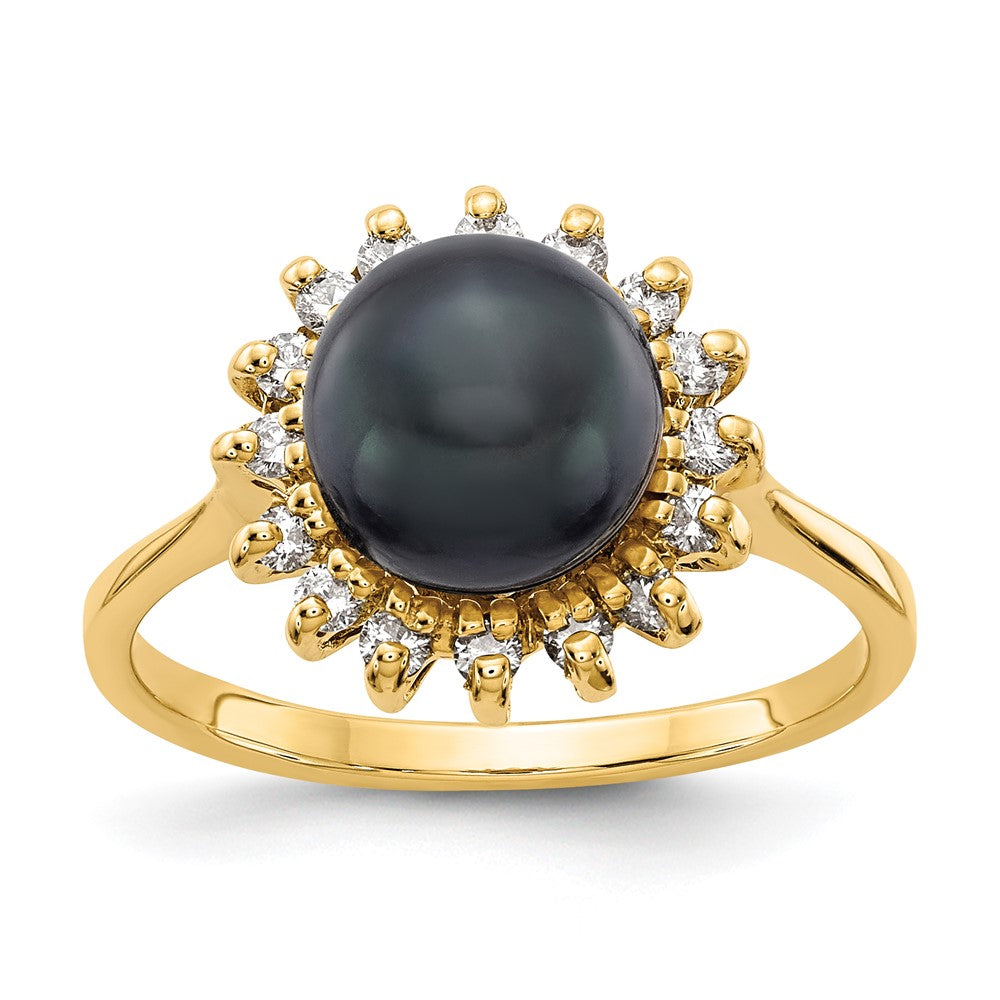 14K Gelbgold 7.5mm Schwarz Fw Zuchtperle A Diamant Ring