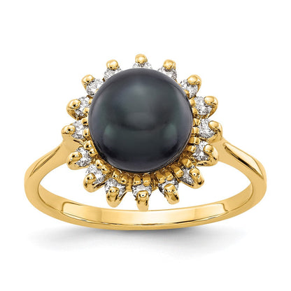 14K Gelbgold 7.5mm Schwarz Fw Zuchtperle A Diamant Ring