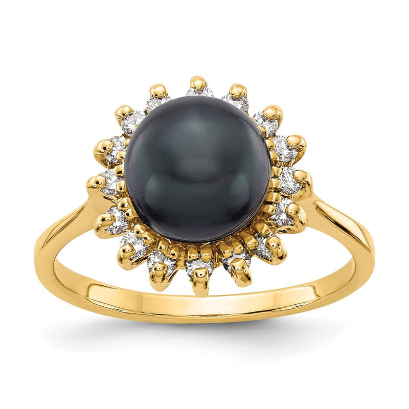 14K Gelbgold 7.5mm Schwarz Fw Zuchtperle A Diamant Ring