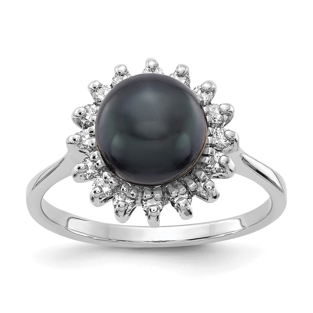 14K Weißgold 7.5mm Schwarz Fw Zuchtperle A Diamant Ring