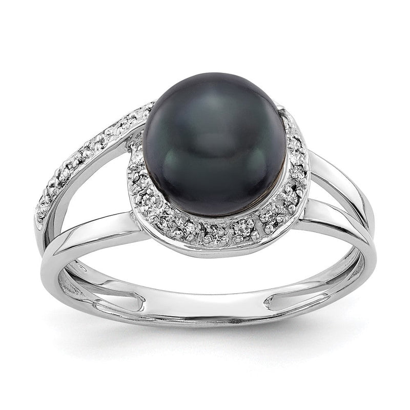 14K Weißgold Ring mit 7,5-mm schwarzer Süßwasser-Zuchtperle, A, und echtem Diamant