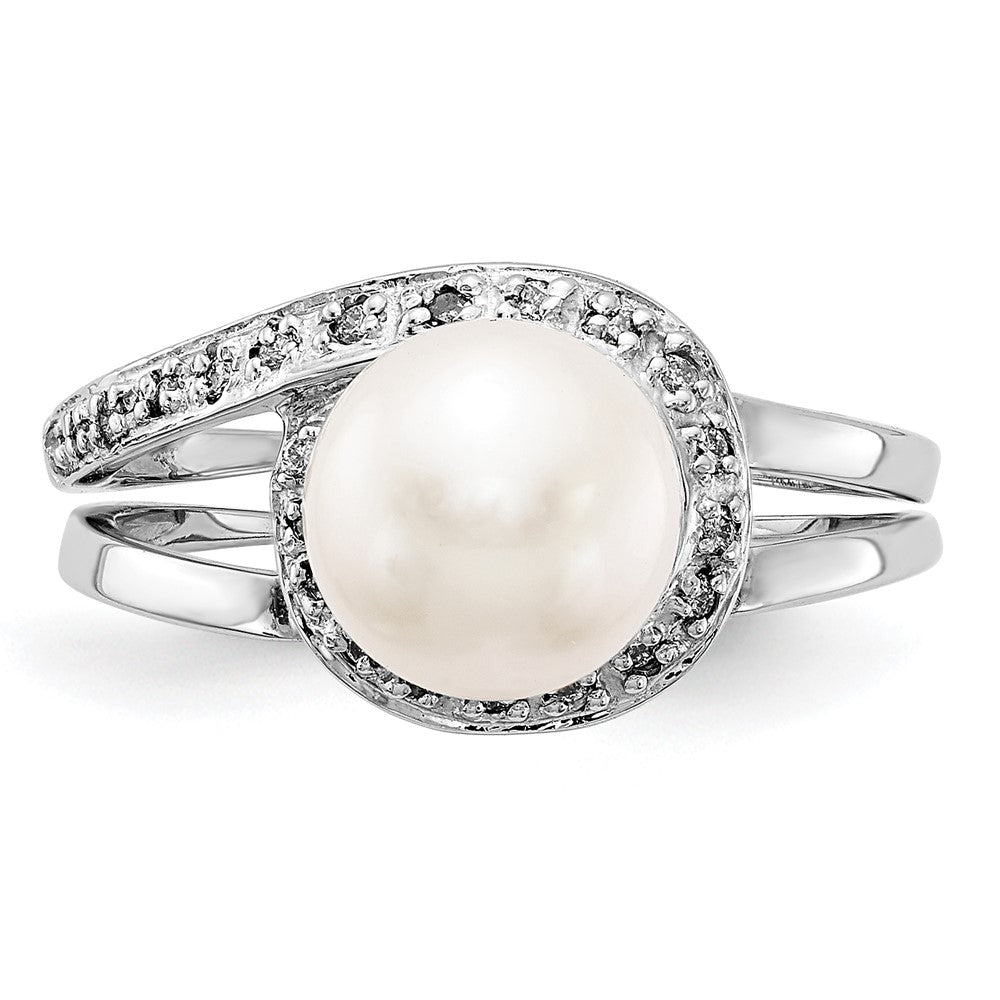 14K Weißgold 7.5mm Fw Zuchtperle Aaa Diamant Ring