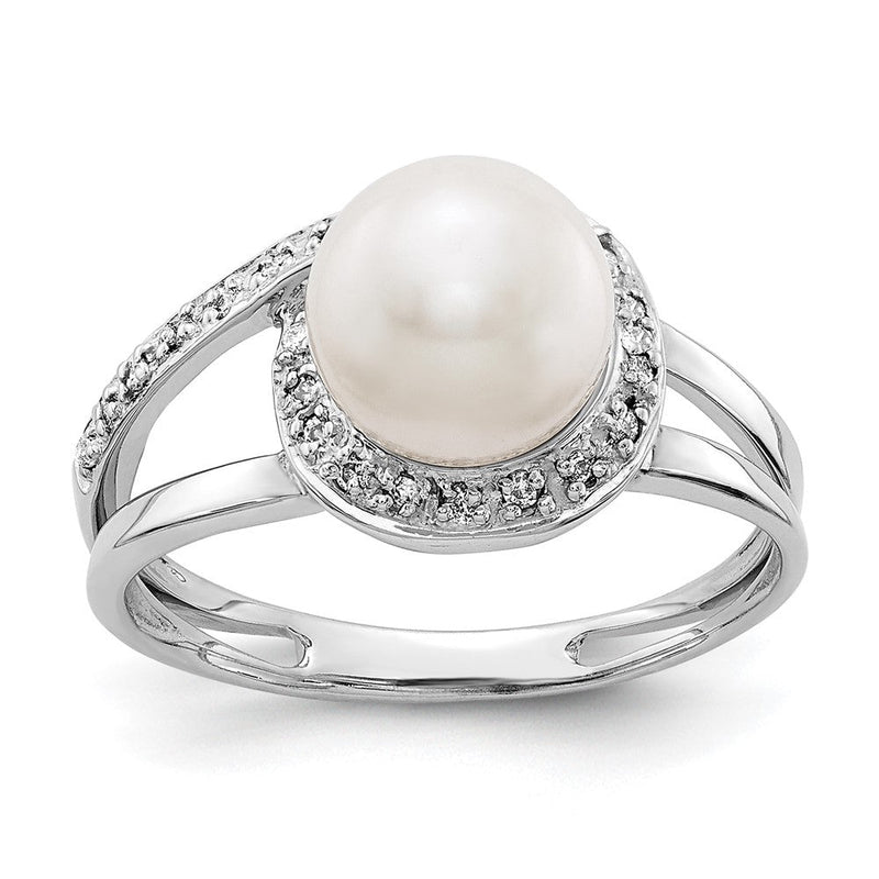 14K Weißgold Ring mit 7,5-mm-FW-Zuchtperle AA und echten Diamanten
