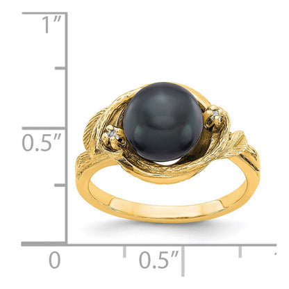 14K Gelbgold 7.5mm Schwarz Fw Zuchtperle A Diamant Ring
