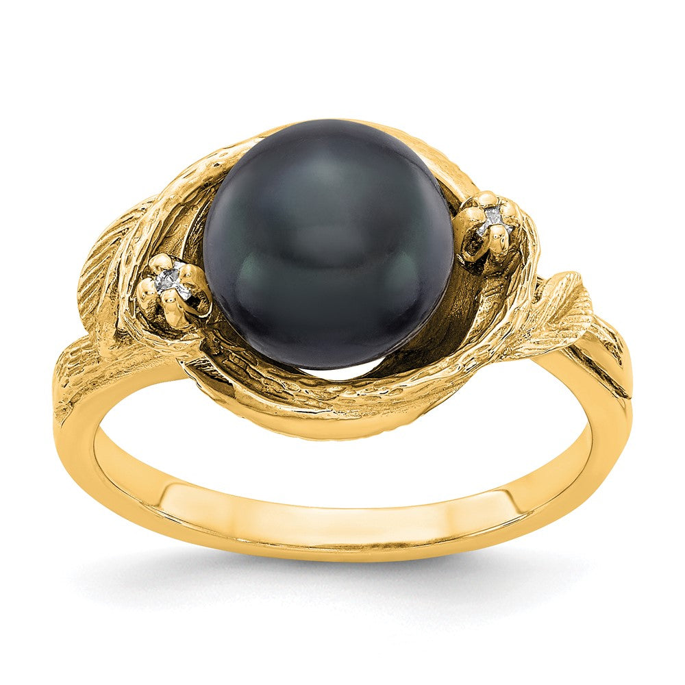 14K Gelbgold 7.5mm Schwarz Fw Zuchtperle A Diamant Ring