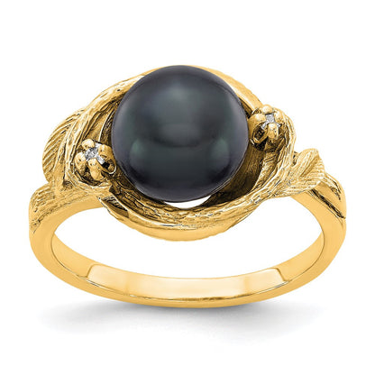14K Gelbgold 7.5mm Schwarz Fw Zuchtperle A Diamant Ring