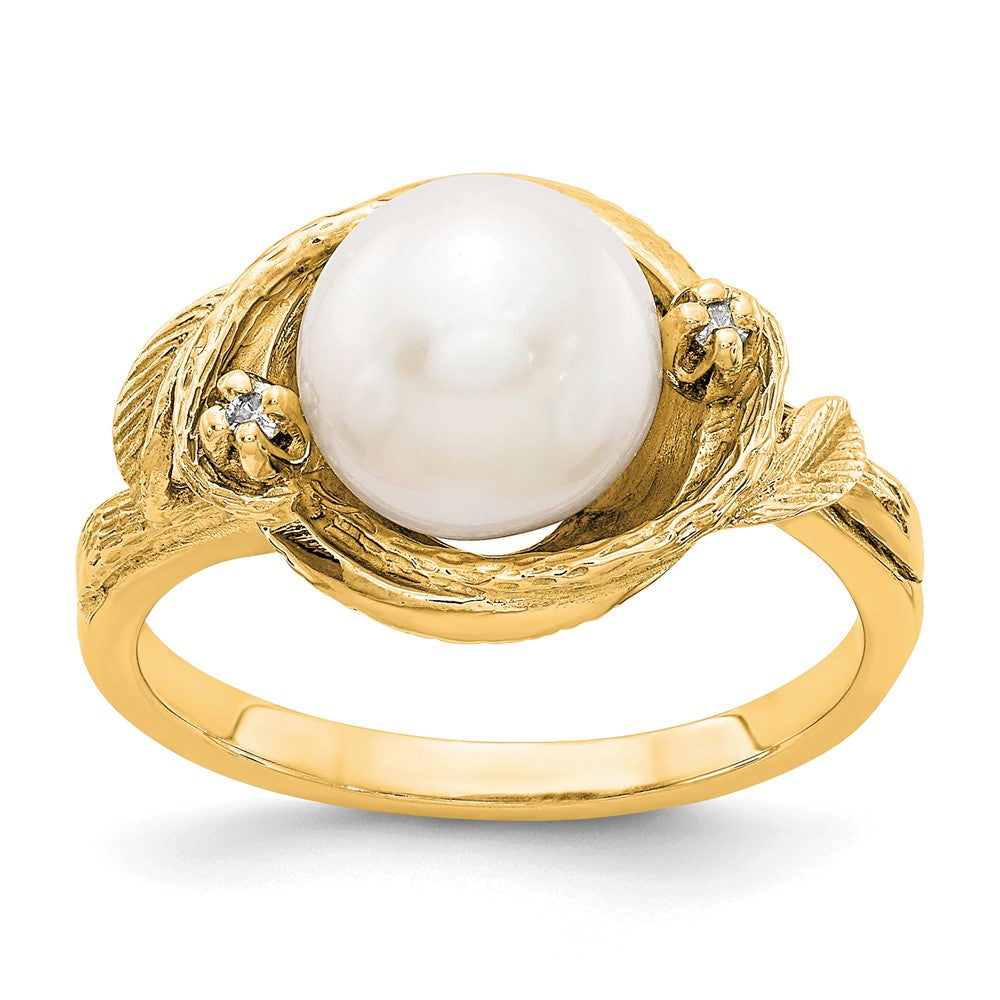 14K Gelbgold 7.5mm Fw Zuchtperle A Diamant Ring